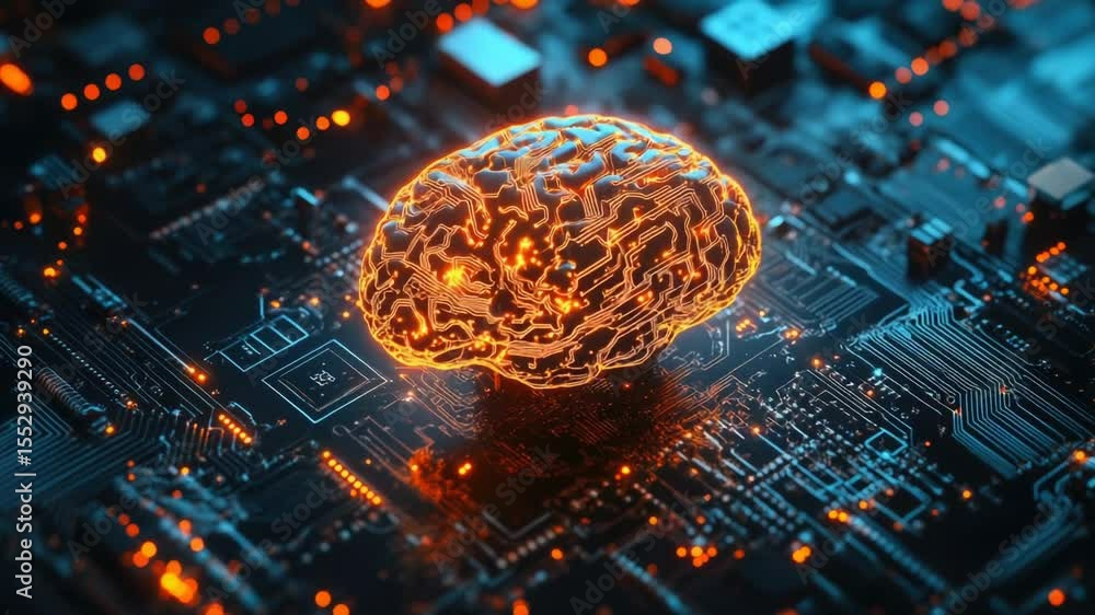 Poster A close-up of a computer circuit with a glowing brain component, suitable for use in technology and science illustrations