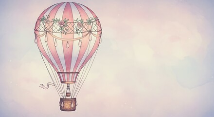 Pink and White Striped Hot Air Balloon Ascends Through a Pastel Sky Watercolor Illustration