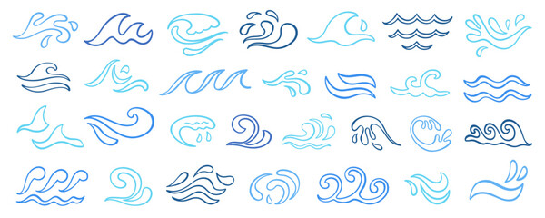 Abstract blue ocean waves logo outline icons set