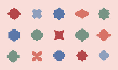 Mosaic oriental style simple geometric ceramic tile shapes. Cute eastern lantern, window silhouette logo templates. Vector floral patterns
