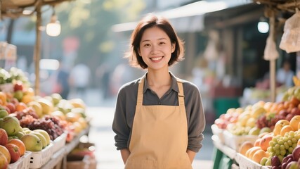 A smiling Asian female fruit vendor at her stand