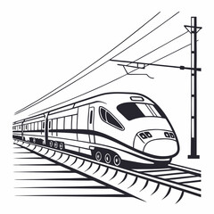 High Speed Train Illustration on Tracks with Overhead Power Lines and Support