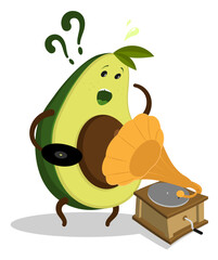 Surprised frustrated avocado character confused holding a vinyl record in his hand and not understanding how to use an old music gramophone. Cartoon vector isolated on white background
