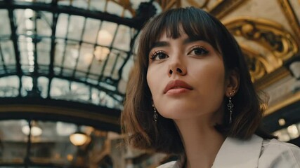 A poised woman in a classic building interior, gazing up thoughtfully, embodying elegance and contemplation. The environment suggests an air of sophistication and refined design.