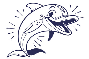 Cartoon dolphin is jumping with its mouth open in a playful pose