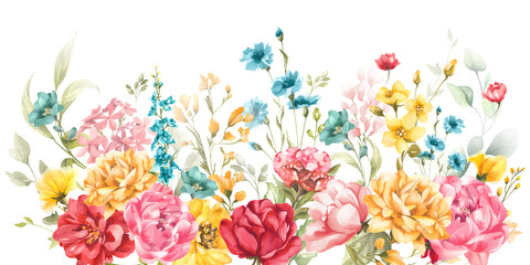 A vivid watercolor bouquet bursting with pink peonies, red roses, yellow blooms, and blue petals—layered with greenery for a fresh, colorful botanical statement.