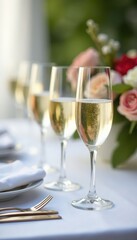 Sparkling wine glasses arranged on a pristine white wedding table , marriage, glass