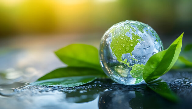 Concept of World Water Day. Transparent glass globe with continents in raindrops. Green leaf protects from rain. Eco-friendly background. Environmental protection and ecology concept