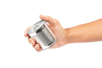 Male hand holding an aluminium food can isolated no background cutout