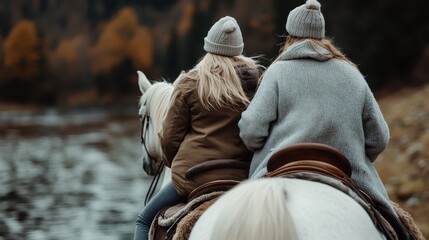 Two women on horseback ride side by side, enveloped in the tranquil beauty of nature, capturing a moment of connection and adventure in an autumn landscape.