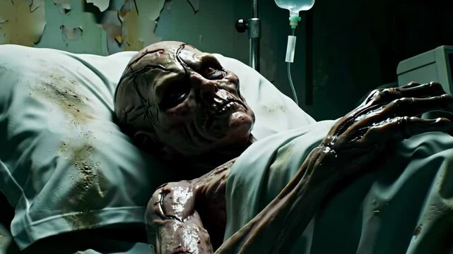 A surreal depiction of a frail figure lying in a hospital bed, showcasing a haunting atmosphere with medical equipment in a dimly lit room