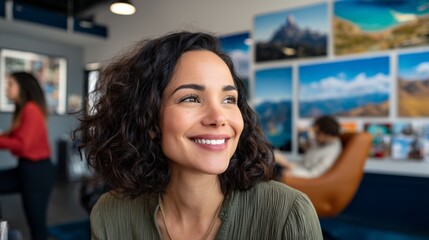 Woman looking at wall with photographs of landscapes.