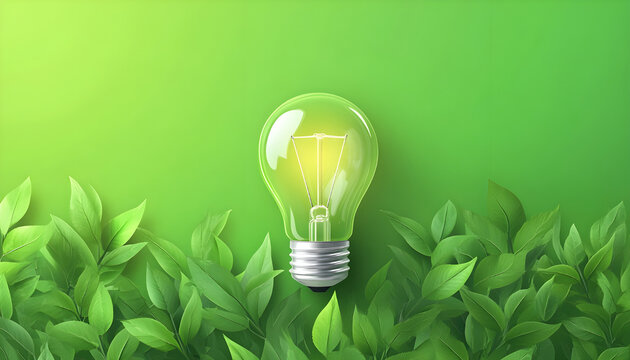 Eco-friendly light bulb with green leaves concept. Symbol of green energy and sustainable resources. Eco tech for carbon neutral goals. Environmental protection