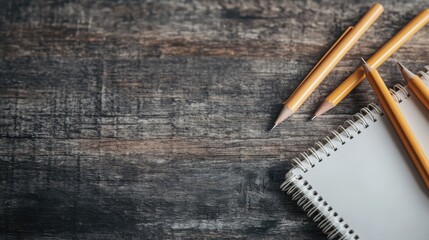 This minimalist composition features a wooden table adorned with vibrant pencils and a blank notebook, symbolizing creativity, inspiration, and the art of writing or drawing.