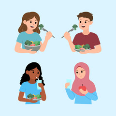 Illustration of people eating healthy and nutritious food