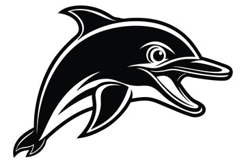 Graceful black dolphin leaps with joyful energy in a bold monochrome illustration