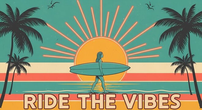 Retro sunset surf scene with palm trees and inspirational ride the vibes message