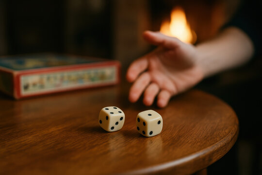 Close up of a hand rolling two dice on a wooden table near a fireplace in a cozy, warm indoor setting
