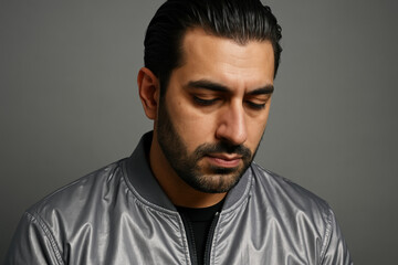 Fototapeta premium Pensive man in a silver bomber jacket looking down against a plain gray background with a thoughtful, introspective expression
