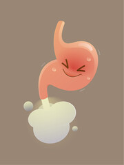 Funny cartoon stomach releasing gas with a puff of relief and humor.