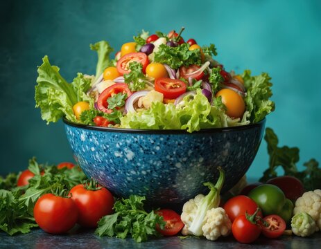 Bowl of fresh vegetable salad. Healthy eating for world food day. Organic vegan diet with tomatoes, lettuce, cauliflower, onion, greens, harvest. Vegetarian nutrition with vitamins for health,