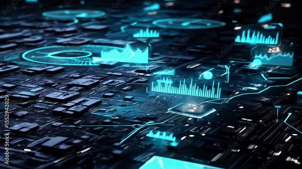 Poster a glowing blue circuit board with data graphs and charts