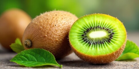 Fototapeta premium Fuzzy brown kiwi skin, vibrant green flesh, watercolor style, healthy, botanical