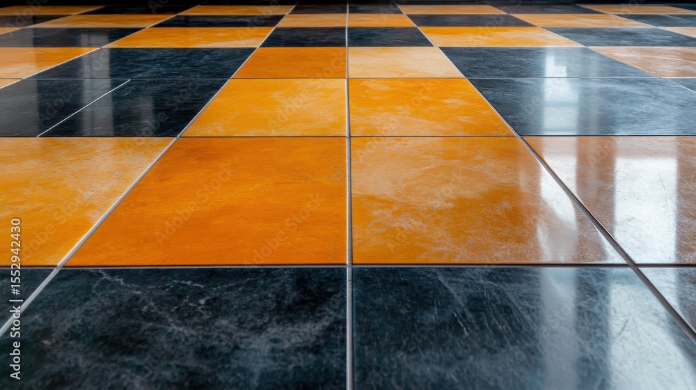 Poster this image showcases a modern tiled floor with a striking pattern of orange and black squares, creat