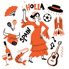 Unique culture vector illustration of Spain. A humorous cartoon featuring black and white line characters and a fun theme.
