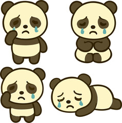 Obraz premium sad panda cartoon mascot vector set cute black and white bear character with crying face in different poses sitting lying down wiping tears for kids animal design