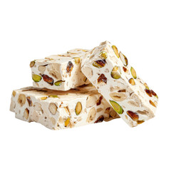 Close-up shot of a delicious, inviting nougat block, bursting with nuts, displaying its satisfying texture
