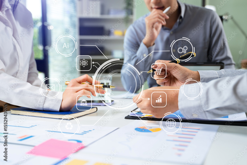 Poster working team meeting concept, business using laptop and smart phone and digital tablet computer with