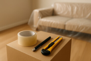 Packing supplies including tape and utility knives placed on a cardboard box with a wrapped sofa in a bright living room