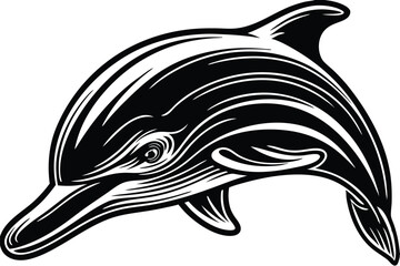 Leaping dolphin showcases blue and black hues over bright water near stylized suns and arch