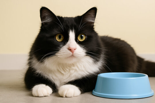 Black and white cat with bright yellow eyes lying on the floor beside an empty blue bowl, waiting to be fed indoors