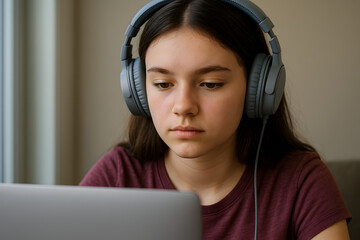 Teen Girl Focused on Laptop with Headphones