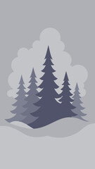 Stylized winter forest scene with dark blue pine trees and soft grey clouds