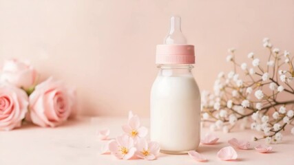 Baby bottle with milk and pink flowers. Baby shower setup includes glass bottle, pink roses, and gypsophila. Elegant baby shower concept for video or invitation.