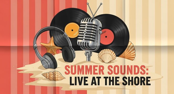 Summer sounds live at the shore featuring vintage microphone and records on the beach