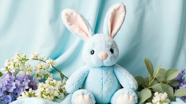 Light blue plush bunny rabbit toy surrounded by spring flowers. Adorable baby shower gift idea with soft bunny and delicate lilac blossoms. Perfect baby shower image for video, zoom in