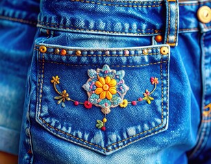 Colorful floral embroidery on blue denim jeans pocket close-up