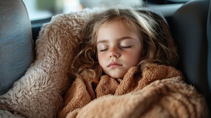 A serene image capturing a child peacefully sleeping in a car seat, wrapped in a cozy blanket, representing innocence, comfort, and the tranquility of childhood.