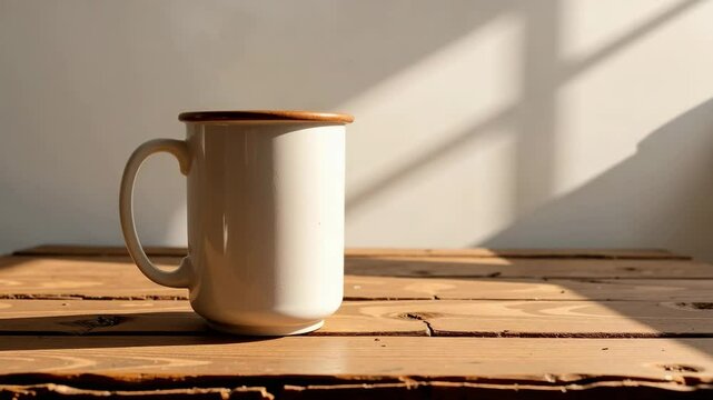 White steaming coffee mug with wooden lid on rustic wooden table in sunlight. Coffee mug sits on weathered wood surface, bathed in warm light.