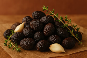 Rustic arrangement of black olives, garlic cloves, and fresh thyme on brown parchment paper for gourmet mediterranean cuisine
