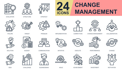 Change Management Icons set vector illustration. Containing evaluation, strategy, implementation, collaboration, investment and more. Simple line icons collection.