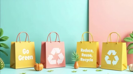 Eco-friendly shopping bags with recycle symbols and go green message.  Paper shopping bags in pastel colors are arranged on table with small plants.