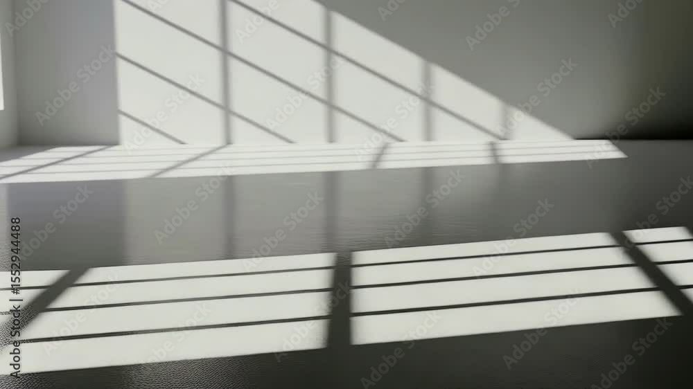 Poster sunlight streams through a window casting geometric shadows on a white wall and floor