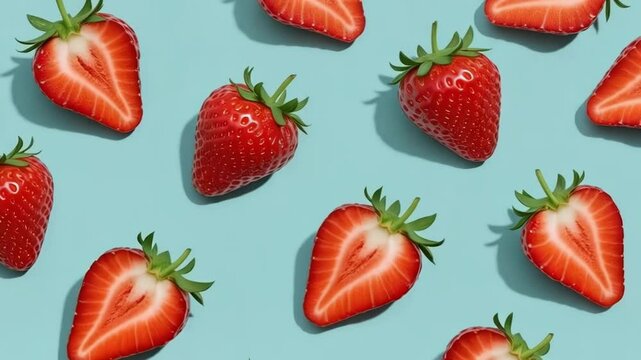 Whole and halved strawberries are arranged in a repeating pattern on a blue background