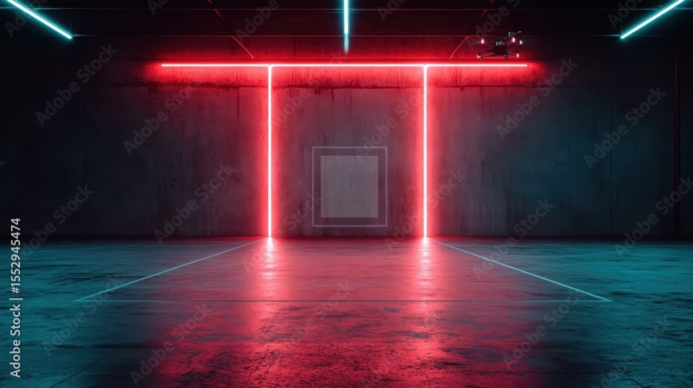 Poster a striking futuristic environment illuminated with bold neon lights casting geometric patterns on th