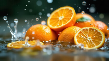Juicy ripe cut oranges fall into the water, forming a splash